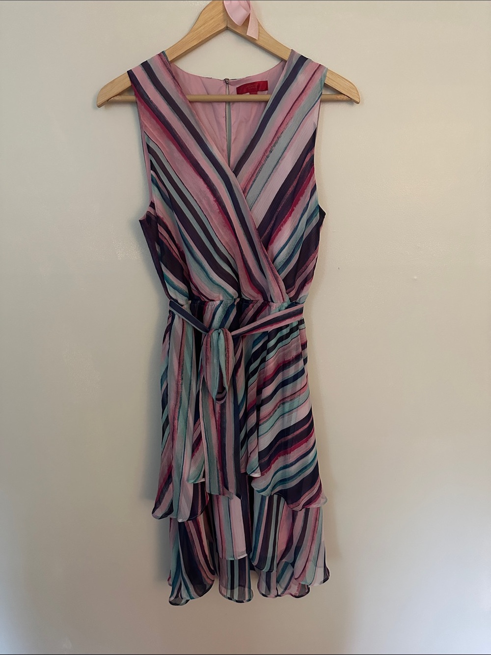 Jennifer Lopez Striped Sleeveless Wrap Dress in Pink, Blue & Purple